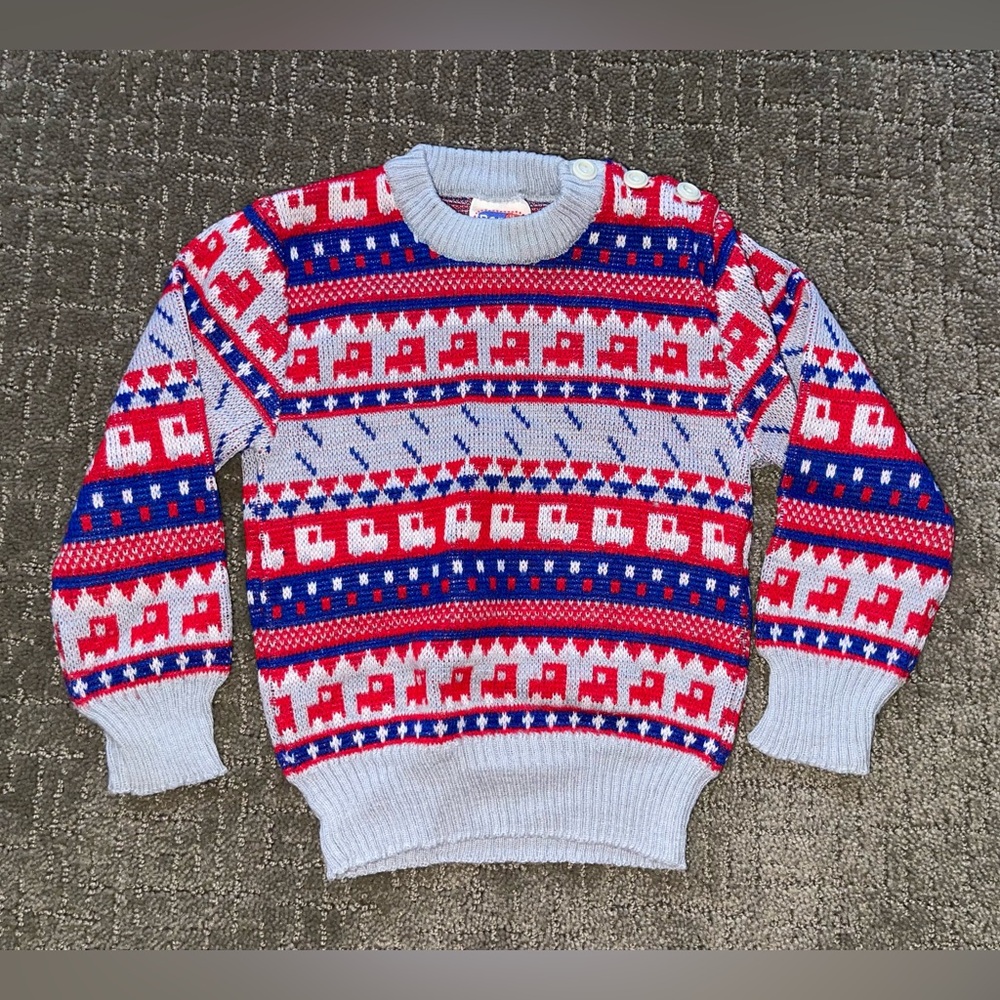 Vintage Popsicle Kids Sweater Trucks Red/Blue Acrylic Pullover Toddler Size 4T